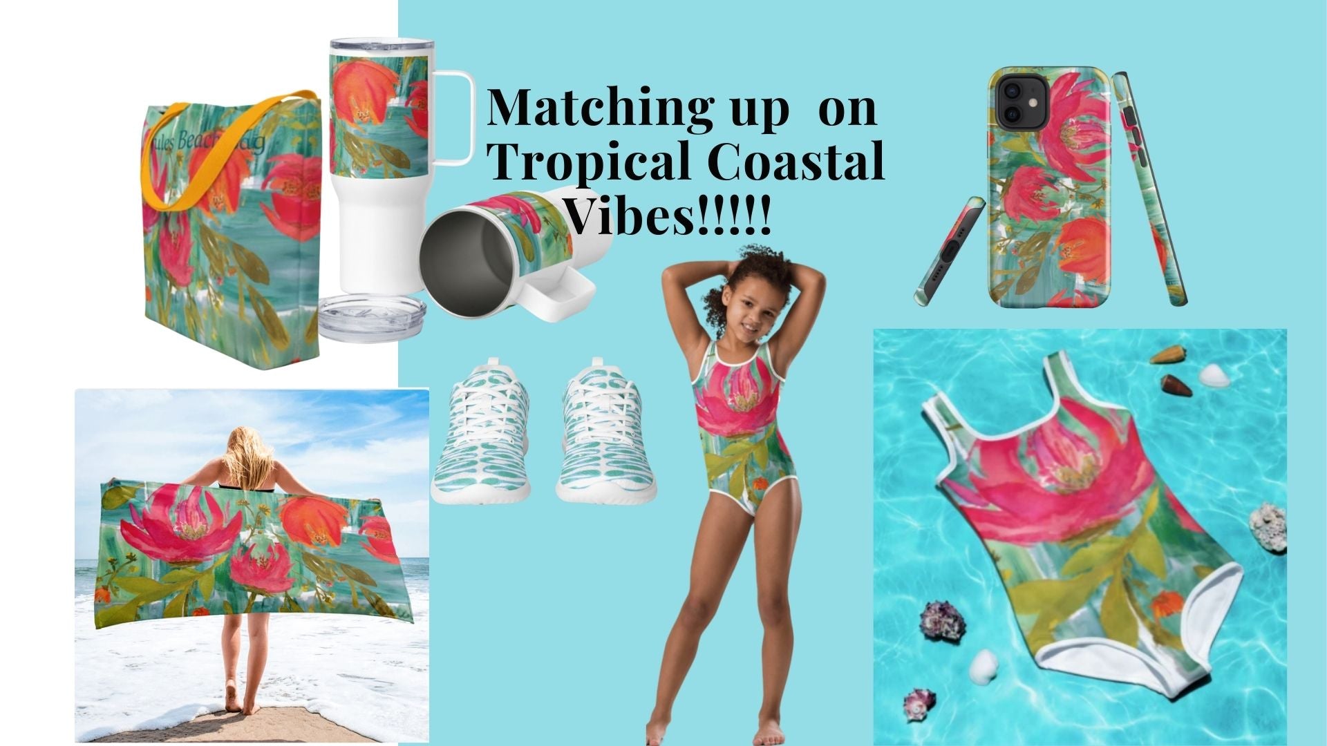 Tropical floral with vibrant colors on beach towel in surf. Beach bag and matching thermal mug with handle. Iphone case and little girls swimwear also in vibrant tropical floral print. Tennis shoes in teal and waves design on them.exclusive designs of 3 Palms studio