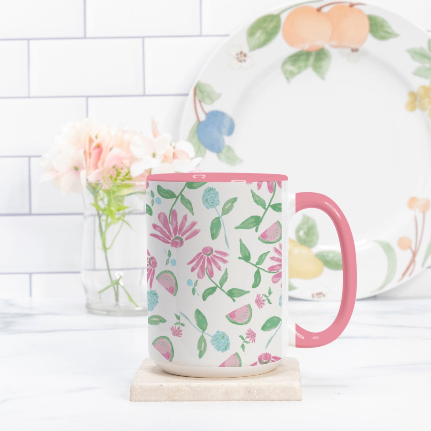 Retro Pink Tossed Flower Mug