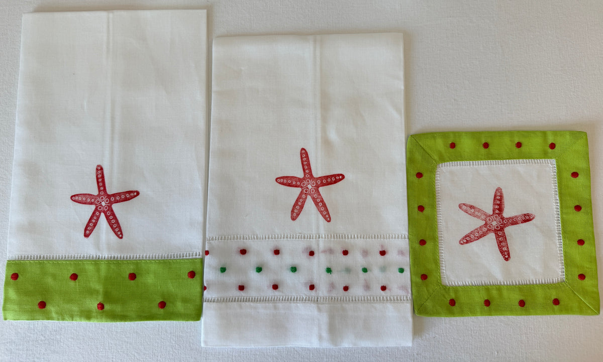 Hand-Printed Coastal Christmas Linen Set | Starfish Cocktail Napkins & Guest Towels
