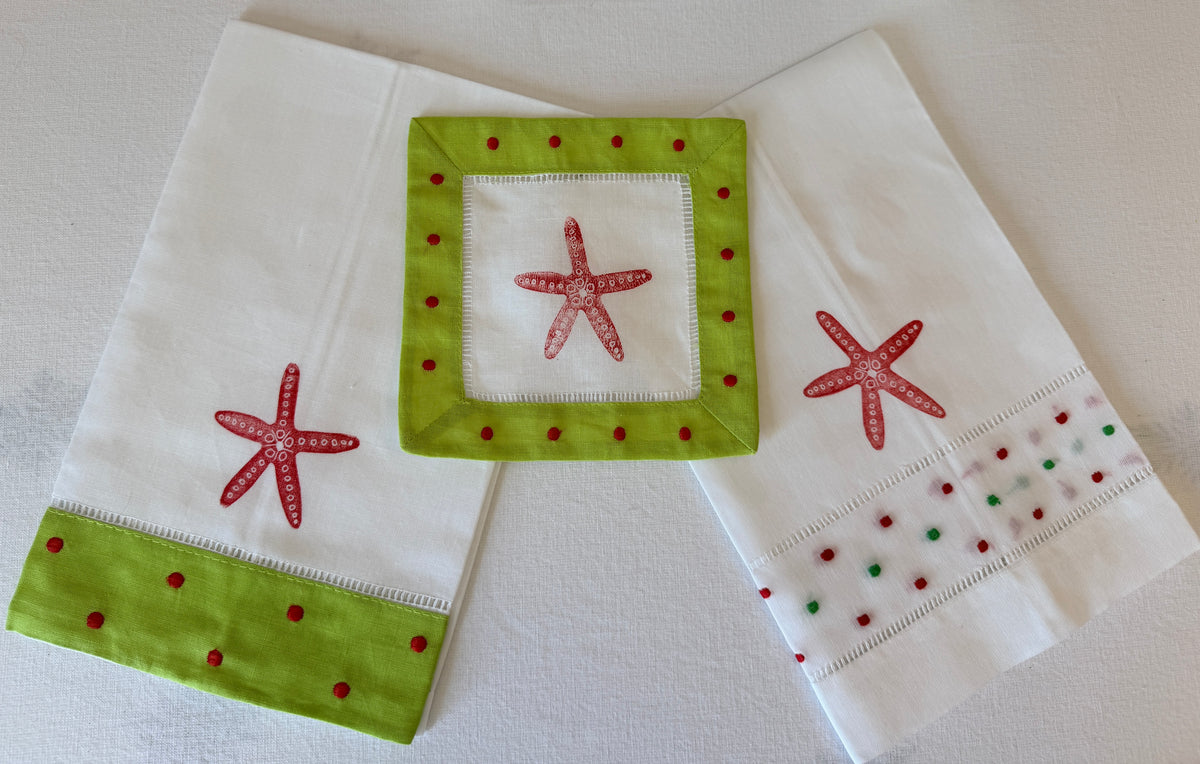 Hand-Printed Coastal Christmas Linen Set | Starfish Cocktail Napkins & Guest Towels