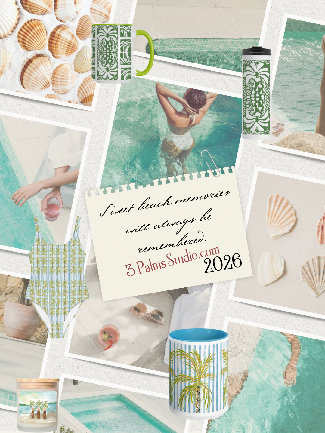 Collage of beach-themed products with mugs, candles, and a notebook featuring '3 Palms Studio 2026' text.